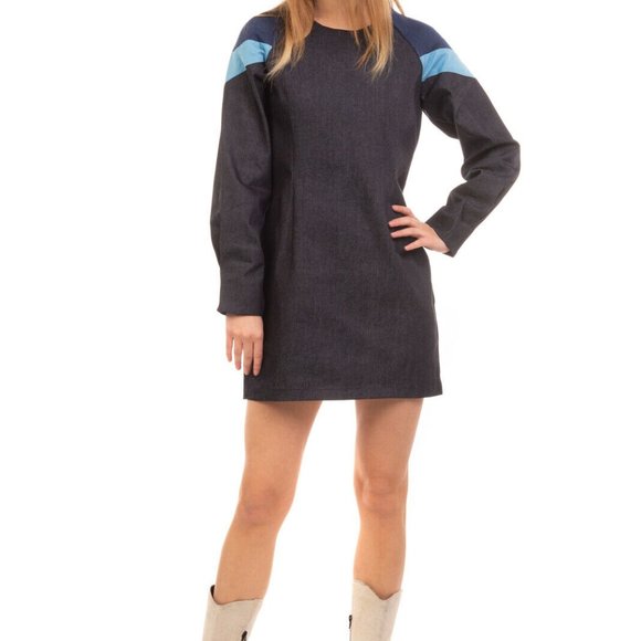 RIYKA Leonie Denim Mini Dress S Geometric Panels Long Sleeve Round Neck Cowgirl - Picture 1 of 7